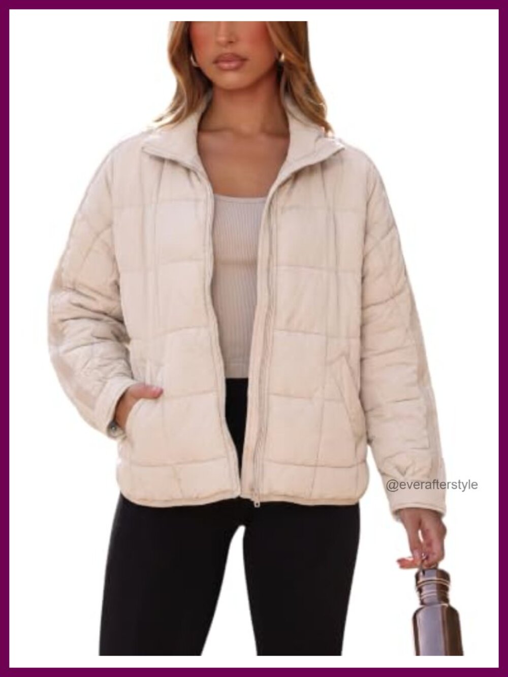 Women's Lightweight Quilted Puffer Jacket with Stand Collar and Side Pockets,
